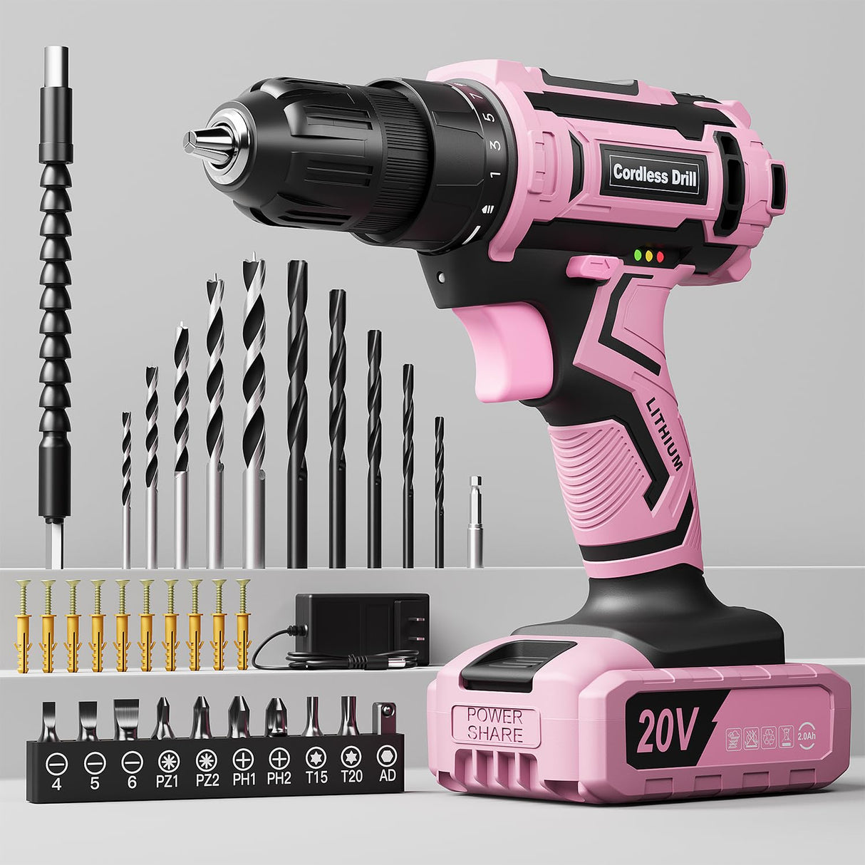 Pink Cordless Drill Set, 20V Electric Power Drill for Women, Lightweight Electric Screwdriver Driver with Battery & Charger, 3/8" Keyless Chuck, Womens Tool Kit for House VIWKO