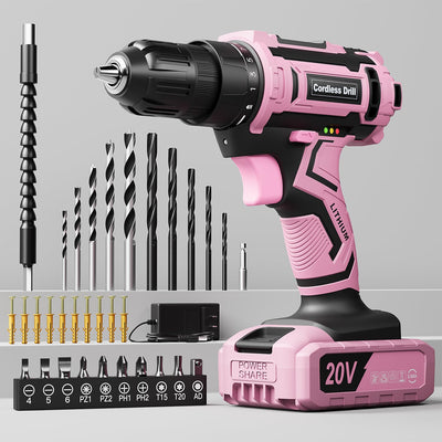 Pink Cordless Drill Set, 20V Electric Power Drill for Women, Lightweight Electric Screwdriver Driver with Battery & Charger, 3/8" Keyless Chuck, Womens Tool Kit for House