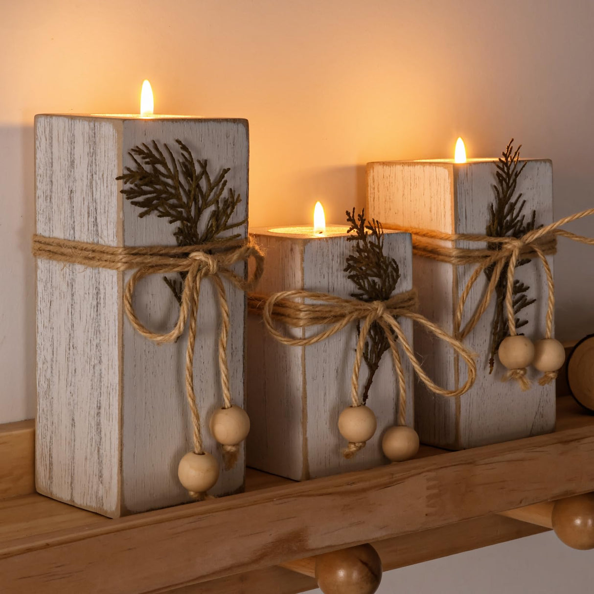 MelonBoat Rustic Flameless LED Candles 3-Pack, Battery Operated Candles with Wooden Candle Holders, White Rustic Farmhouse Decor, Farmhouse Candle Holder for Valentines Holiday Party Home Decor MelonBoat