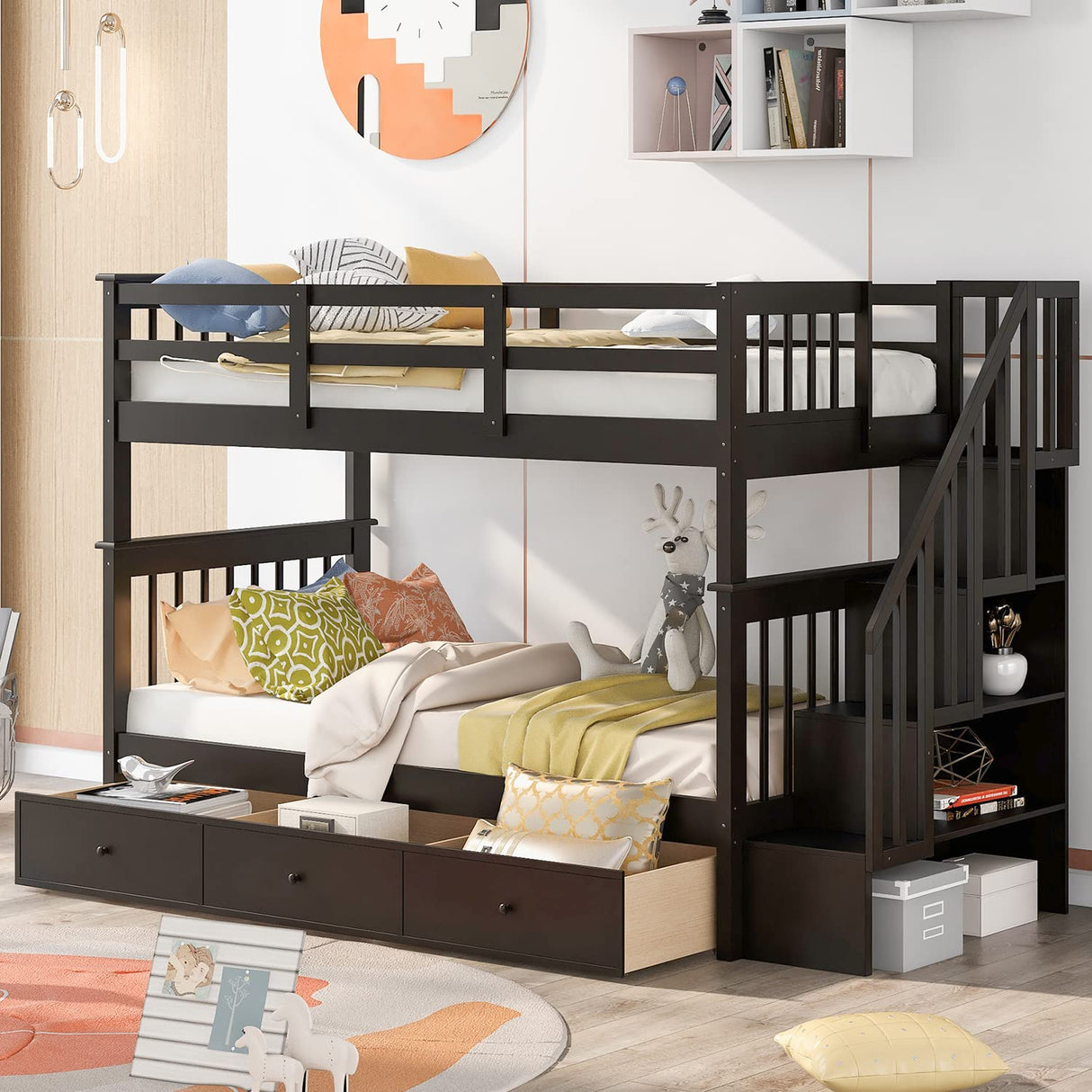 Harper & Bright Designs Twin Over Twin Bunk Bed with Stairs and Guard Rail, Wood Bunk Bed with Storage Drawers Twin Bunk Bed Frame for Bedroom, Dorm, Kids, Teens, Adults (Twin, Espresso) Harper & Bright Designs