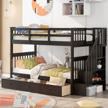 Harper & Bright Designs Twin Over Twin Bunk Bed with Stairs and Guard Rail, Wood Bunk Bed with Storage Drawers Twin Bunk Bed Frame for Bedroom, Dorm, Kids, Teens, Adults (Twin, Espresso) Harper & Bright Designs