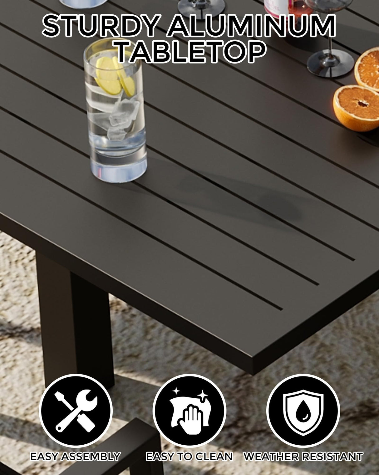 Expandable Patio Table for 4-6 Persons, Extentable Outdoor Dining Table Set 31.5”-63”, Aluminum Slat Frame, Rectangular, for Porch, Deck, Garden, Pools, Table, Grey GAOMON