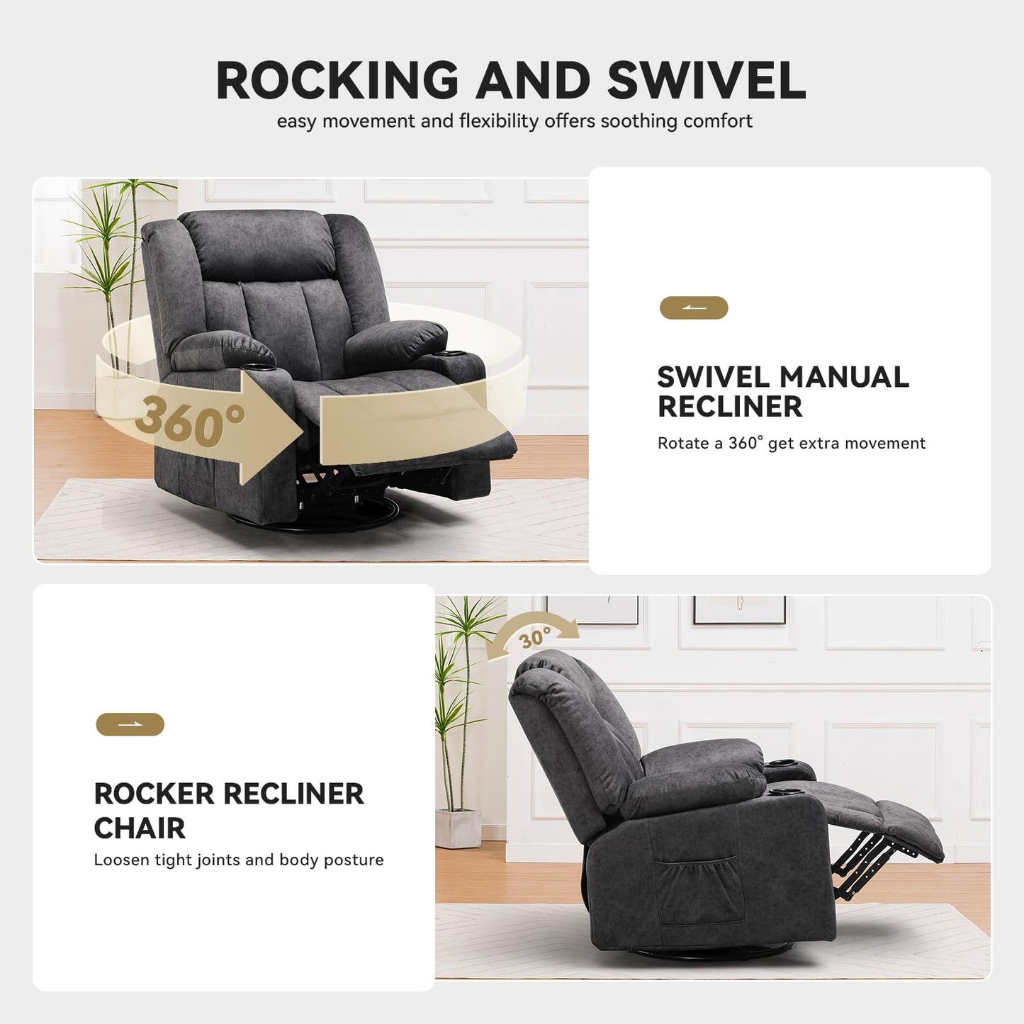 COMHOMA Manual Recliner Chair Set，Fabric Reclining Sofa Chair with Cup Holders, Upholstered Recliner with Side Pockets Suitable for Living Room Furniture (3+2+1) - WoodArtSupply