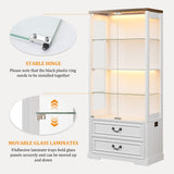 FREDEES Display Cabinet with Glass Doors,67" Adjustable Display Shelf with 2 Drawers and 4 Tier Curio Cabinet,Tall Bookcase with 3 Color Lights and Human Body Sensor for Toys,Books（White） FREDEES
