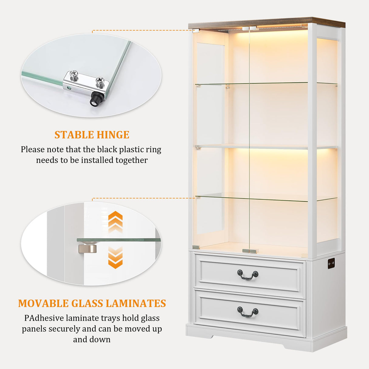 67" Tall Display Cabinet with Glass Doors and 2 Drawers, Adjustable Glass Height Bookcase, Curio Cabinet with 3 LED Lights and Human Body Sensor (White) TAGELIER