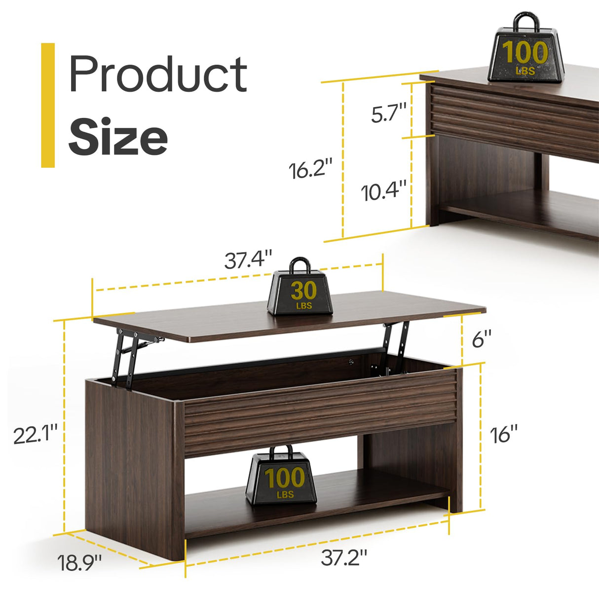 Fluted Lift Top Coffee Table for Living Room, Small Coffee Table with Storage Hydraulic Lift Large Capacity, Sturdy Legs Safe Round Corner, Easy Assembly for Small Spaces, Horizontal Grain-Brown RUMBALUXY