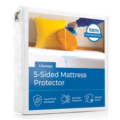 LINENSPA Premium 5-Sided Waterproof Mattress Protector – Breathable and Hypoallergenic – Fitted Sheet Style & Machine Washable – King Size Mattress Protector, White