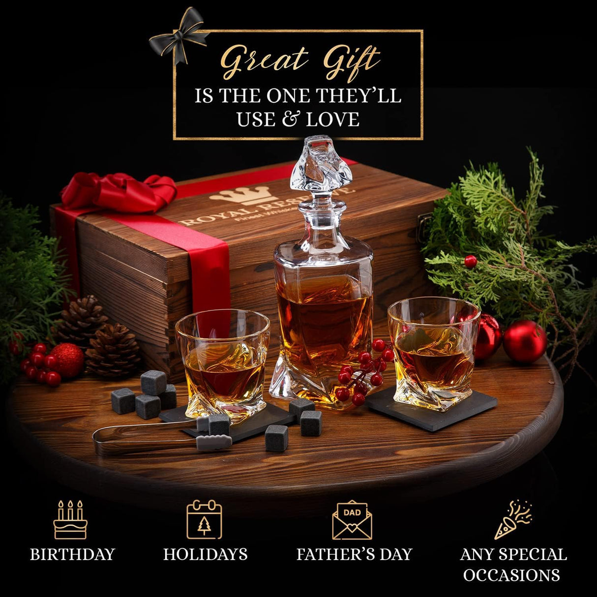 Whiskey Decanter Set by Royal Reserve – Whiskey Gift Set - Twisted Bourbon Decanter 34 oz 1000 ml with Glasses, Whiskey Stones, Coasters, Tongs – Whiskey Gifts for Men, Husband, Dad Christmas Royal Reserve