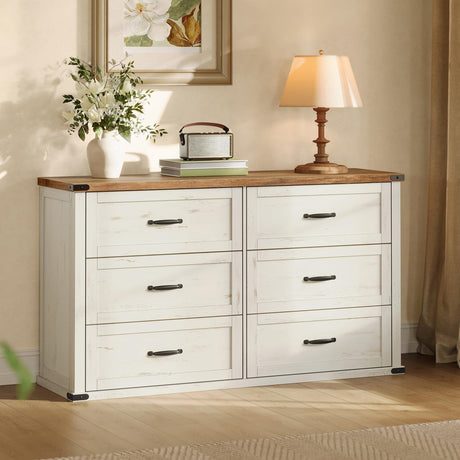 VASAGLE LIRY Collection - 6-Drawer Dresser for Bedroom, 54-Inch Wide Modern Farmhouse Chest of Drawers with Metal Handles, TV Stand, for Living Room, Entryway, Anti-Tipping, Rustic White ULTS661WJ01S VASAGLE