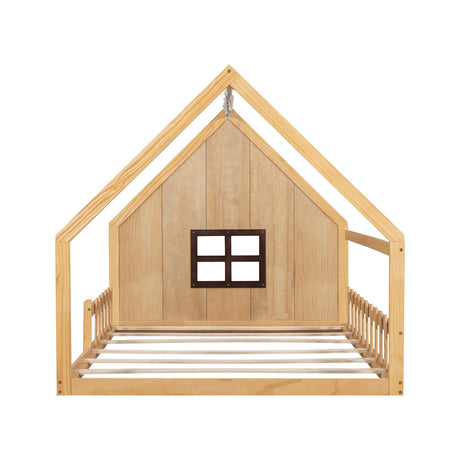 Full Size Floor Bed for Kids: Wood Montessori Bed with Fence & LED Light Full House Bed with Rails | Window Design for Girls Boys - Natural Mirightone