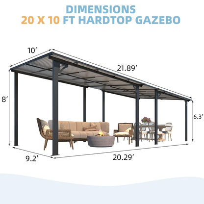 AECOJOY 20' x 10' Gazebo for Patio, Large Wall-Mounted Hard Top Lean-to Gazebo Pergola with Roof 10' x 20' on Clearance, Heavy Duty Patio Awnings for Decks, Backyard - WoodArtSupply