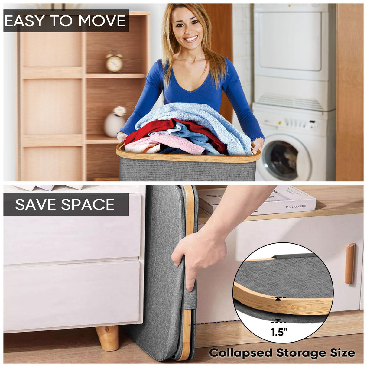 BALEINE Laundry Hamper with Lid, Tall Laundry Baskets with Bamboo Pull Handles, Large Laundry Bin with Internal Support (26 Gal/100L, Beige) BALEINE