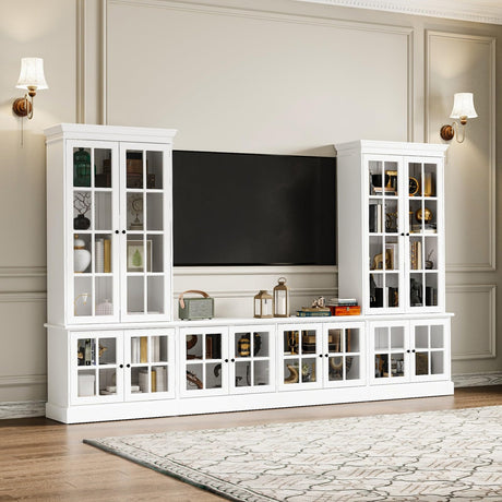 JOIKUJIA 125” Wall Units TV Stand with Glass Doors, Large Entertainment Center with Bookshelves, Modern Media Center with Storage, White, 125.2”W x 15.7”D x 76”H JOIKUJIA