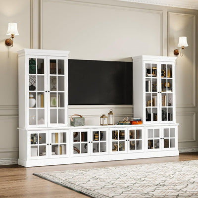 JOIKUJIA 125” Wall Units TV Stand with Glass Doors, Large Entertainment Center with Bookshelves, Modern Media Center with Storage, White, 125.2”W x 15.7”D x 76”H