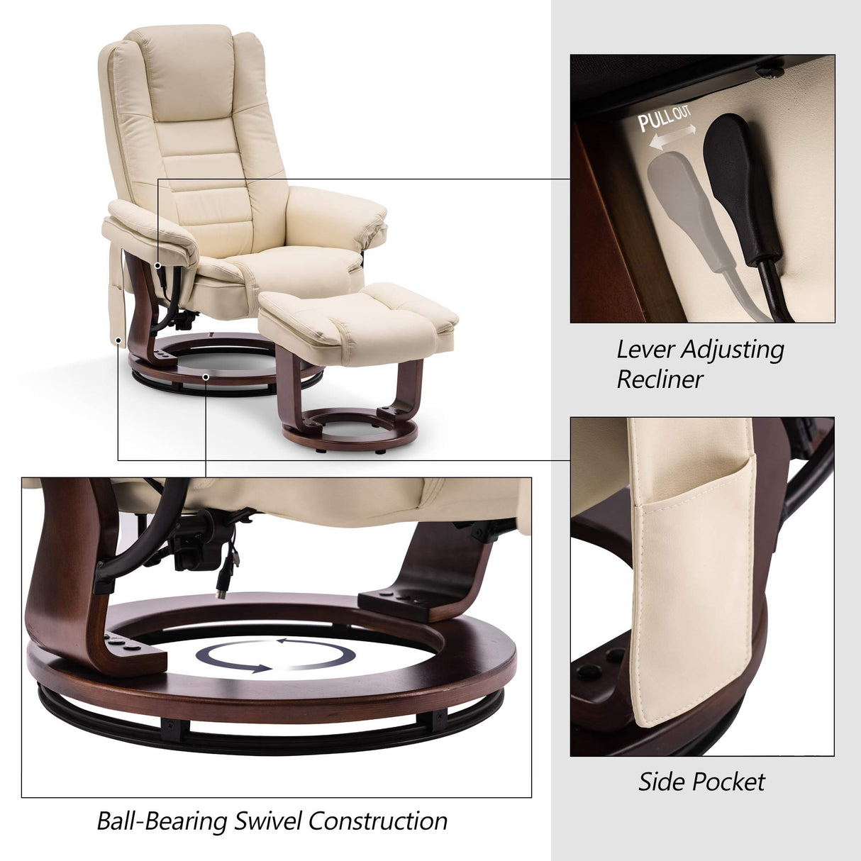 MCombo Swivel Recliner with Ottoman Chair, TV Chair Sets with Vibration Massage, for Small Space Living Room Bedroom 9096 9099 (Faux Leather, Cream White) MCombo