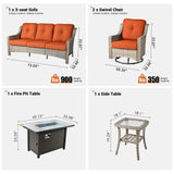 ovios Outdoor 5 Piece Patio Furniture with Fire Pit Table,Wicker Coversation Set with Swivel Rocking Chair,Comfy Sectional Deep Sofa for Outside Porch Balcony Backyard Pool,Orange ovios