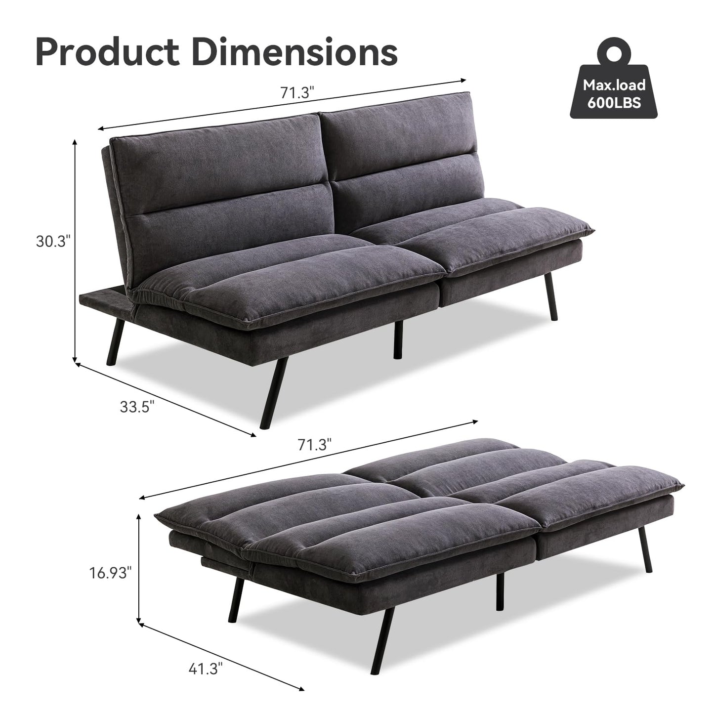 AMICLIBER Memory Foam Futon Sofa Bed,Linen Fabric Futon Couch,Convertible Armless Futons,Small Splitback Loveseat Sleeper Sofa Bed for Living Room,Office,Apartment,Pure Black