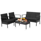 Tangkula 4 Piece Patio Rattan Conversation Set, Outdoor Wicker Furniture Set W/Glass Coffee Table, Solid Steel Structure, Ergonomic Seat, Suitable for Garden, Courtyard, Balcony, Poolside Tangkula