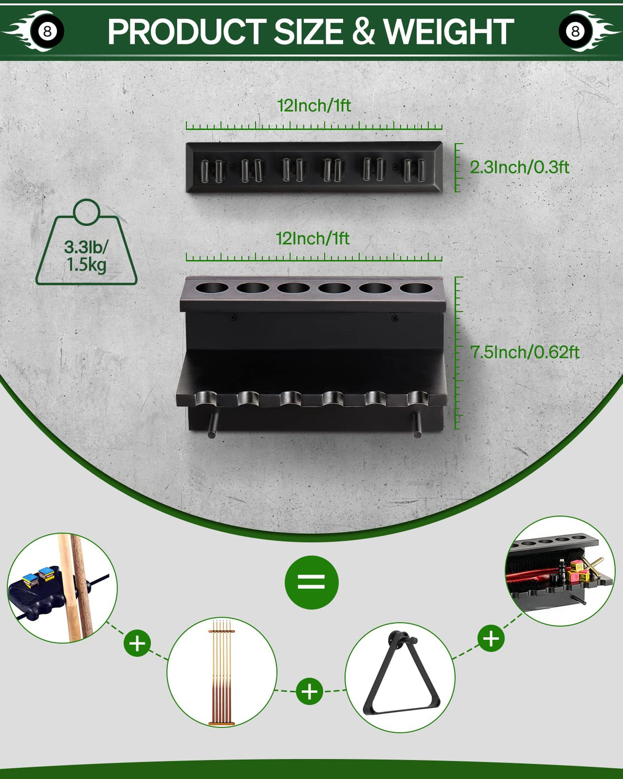 EXTCCT Wall Mount Pool Stick Holder - Billiards Pool Cue Rack Hardwood Pool Cue Set Holder for 6 Cues Sticks Storage Pool Table Accessories Equipment Organizer EXTCCT