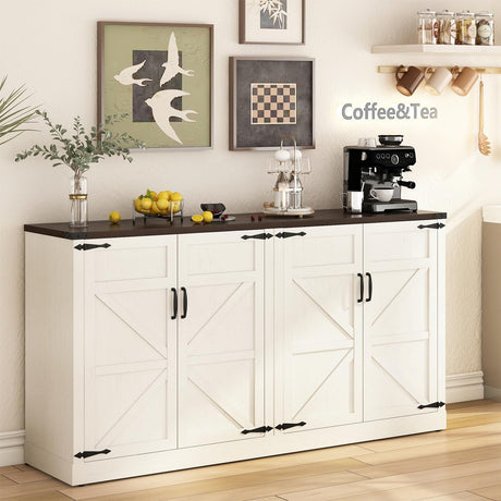 Sideboard Buffet Cabinet with Storage - 65’’ Large Farmhouse Buffet Table Coffee Bar Cabinets, Modern Accent Cabinet with Adjustable Shelf and 4 Doors, for Kitchen, Dining Room, Living Room, White chartustriable