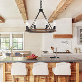 brfaixla 8 Lights 23.6'' Wooden Wagon Wheel Chandelier Farmhouse, Black Metal Ceiling Pendant Light Industrial Vintage Rustic Round Wood Chandeliers for Living Dining Room Kitchen Entryway Foyer brfaixla