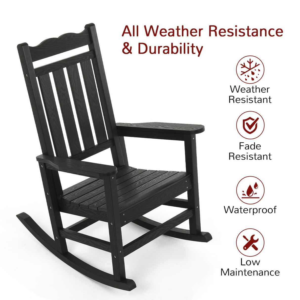 Stoog All-Weather Patio Rocking Chair with 400 lbs Weight Capacity, Oversized Porch Rocker Chair, for Backyard, Fire Pit, Lawn, Garden, Outdoor and Indoor, Black Stoog