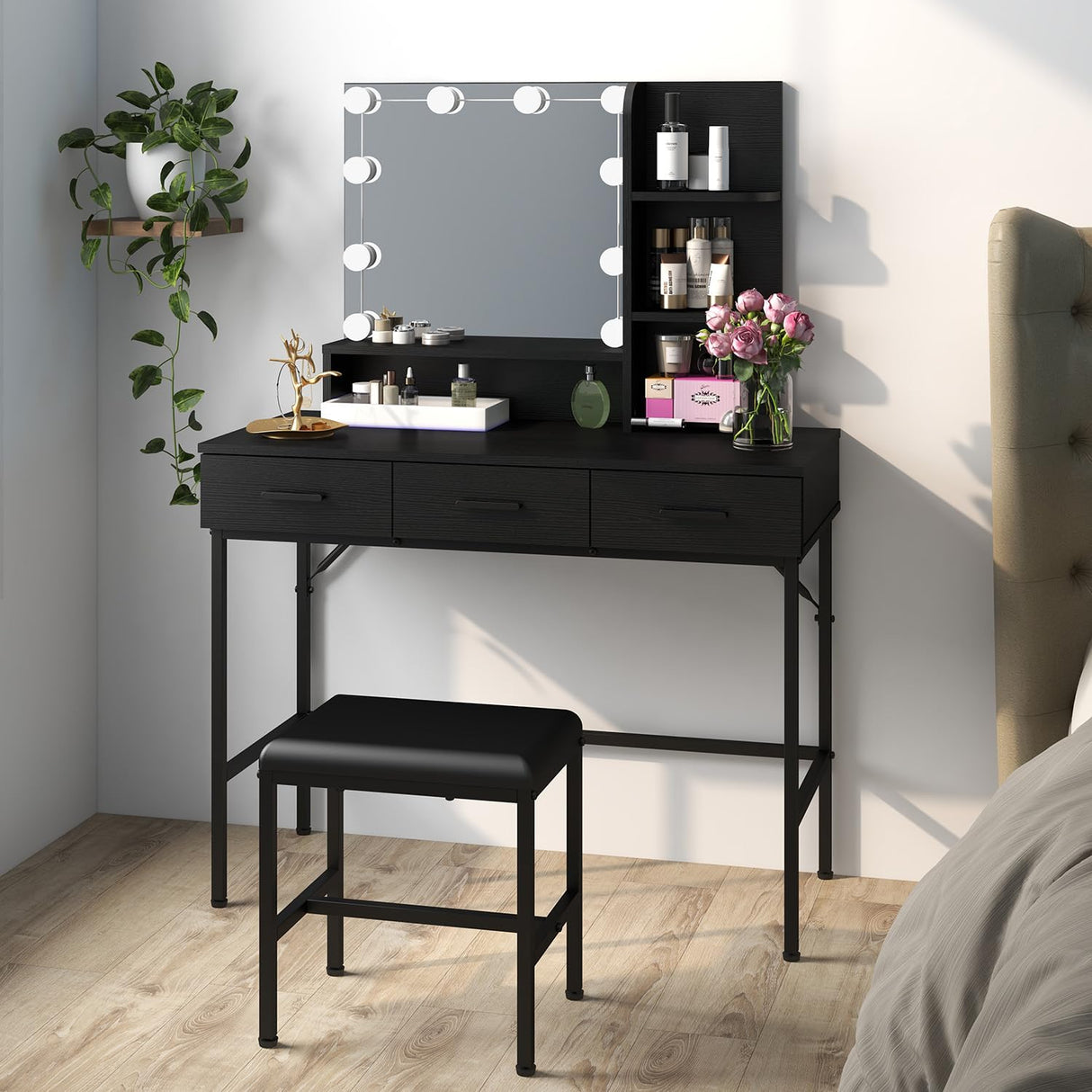 Vanity Table with Lighted Mirror, 3 Drawers Makeup Desk Dressing Table with Lots Storage Vanity Set with Wider Cushioned Stool for Bedroom (Black) Panana