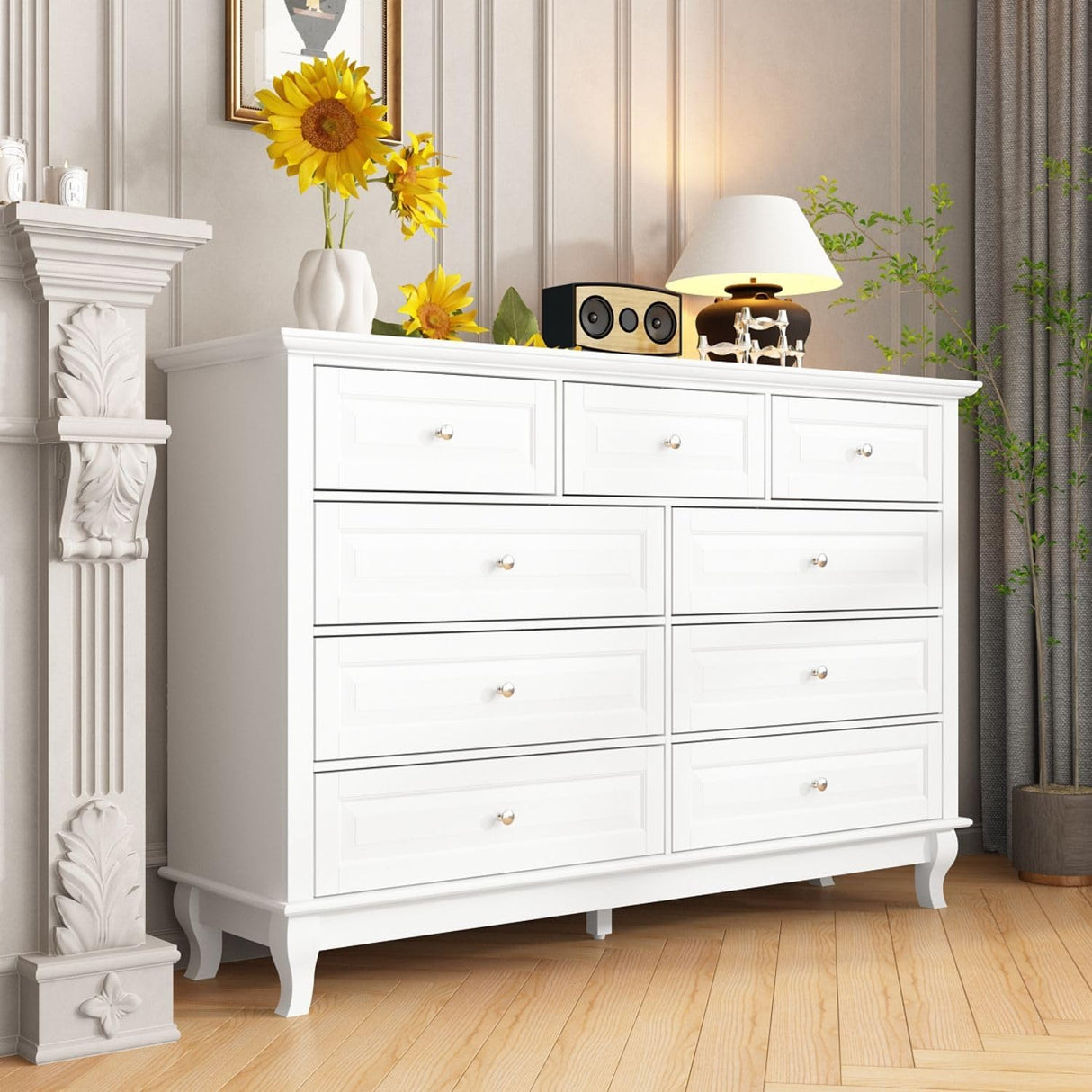 TAMUNE Chest of Drawers 9 Drawer Dresser for Bedroom, Modern White Dresser with Silver Knobs, Wide 9 Drawer Chest with Wood Legs for Bedroom Living Room, 15.7”D x 55.1”W x 37”H TAMUNE