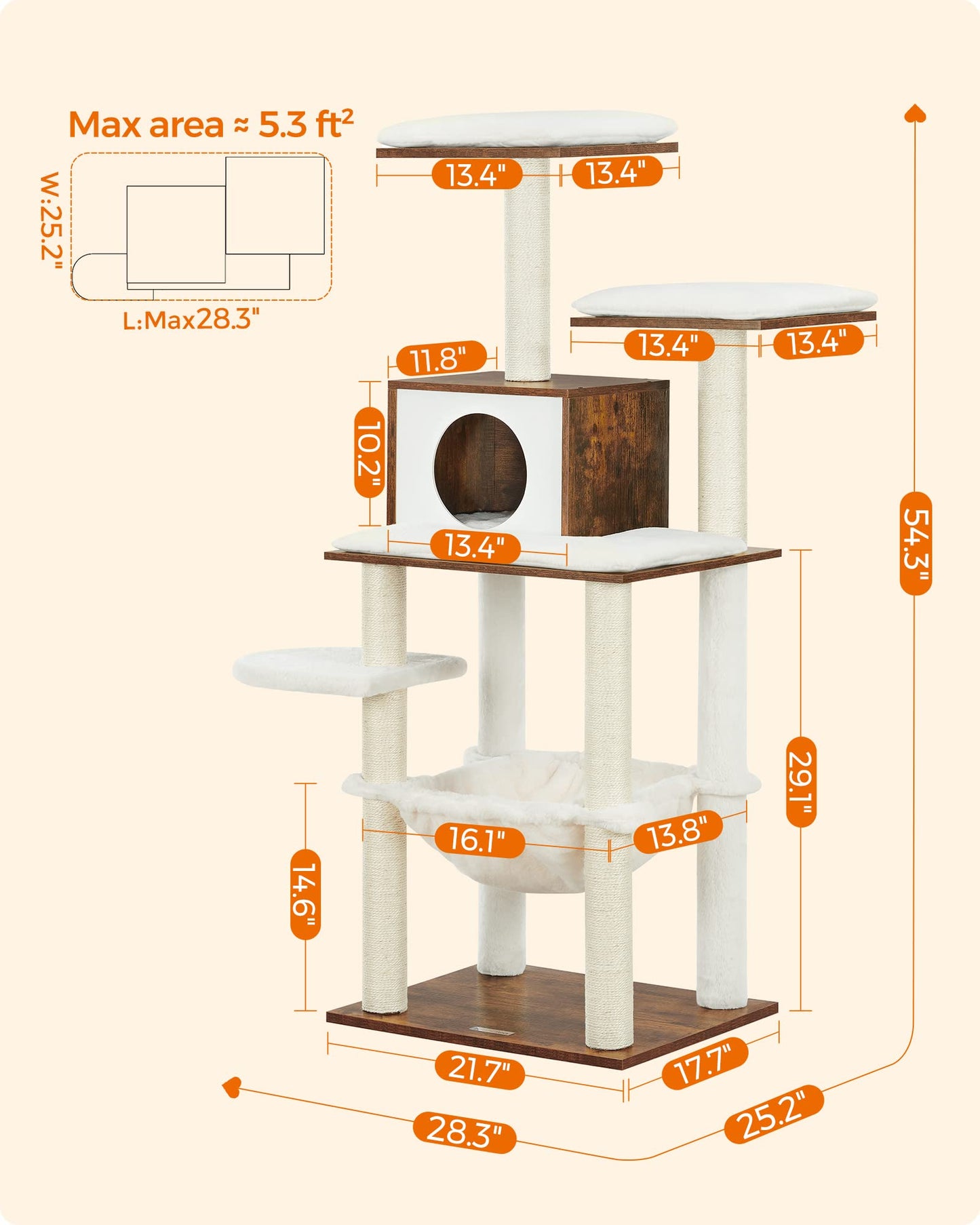 Feandrea WoodyWonders Cat Tree, Modern Cat Tower for Indoor Cats, 54.3-Inch Multi-Level Cat Condo, Ultra-Soft Plush, Scratching Posts, Hammock, Removable, Washable Cushions, Rustic Brown UPCT - WoodArtSupply