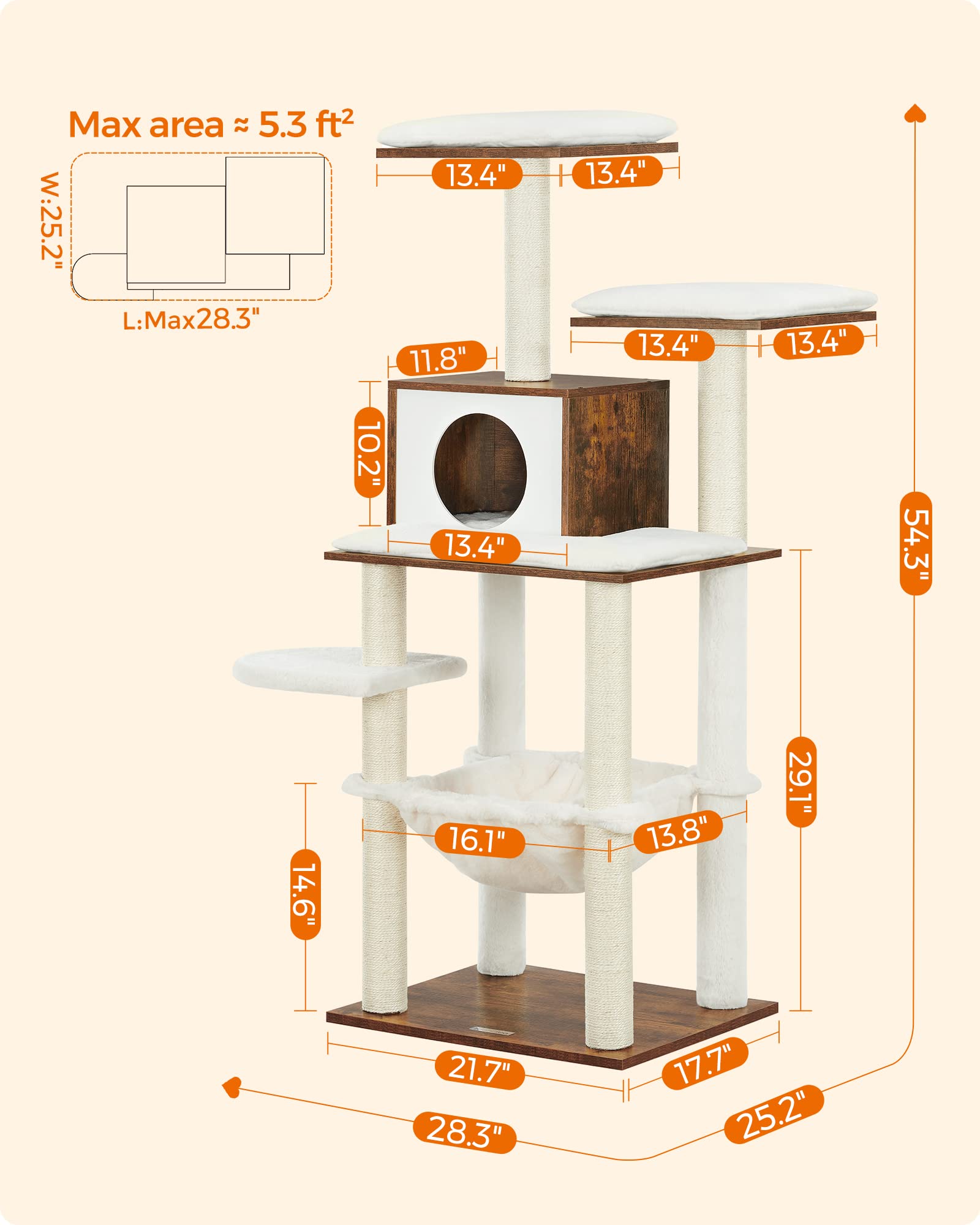 Feandrea WoodyWonders Cat Tree, Modern Cat Tower for Indoor Cats, 54.3-Inch Multi-Level Cat Condo, Ultra-Soft Plush, Scratching Posts, Hammock, Removable, Washable Cushions, Rustic Brown UPCT - WoodArtSupply