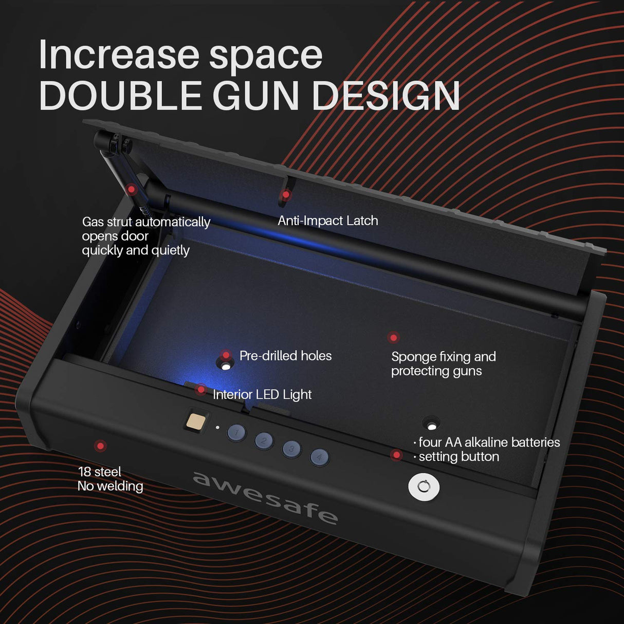 awesafe Upgraded Size Gun Safe with Fingerprint Biometric, Keypad Password and Key Lock for Two Handgun Capacity awesafe