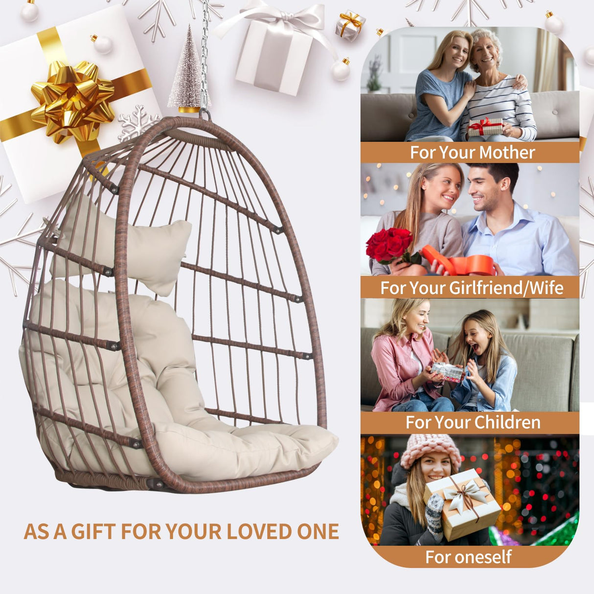 Nicesoul Outdoor Hanging Egg Chair Without Stand, Patio Wicker Swing Egg Basket Chairs with Padded Cushions, 350 Lbs Ceiling Tree Swinging Egg-Shaped Chair No Stand for Indoor Bedroom Porch, Brown NICESOUL