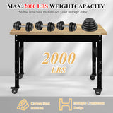 MISHAO 48" Adjustable Workbench for Garage, Rubber Wood Top Table Heavy-Duty Workstation w/Wheels, 2000 LBS Load Capacity Hardwood Worktable for Workshop, Office, Home MISHAO