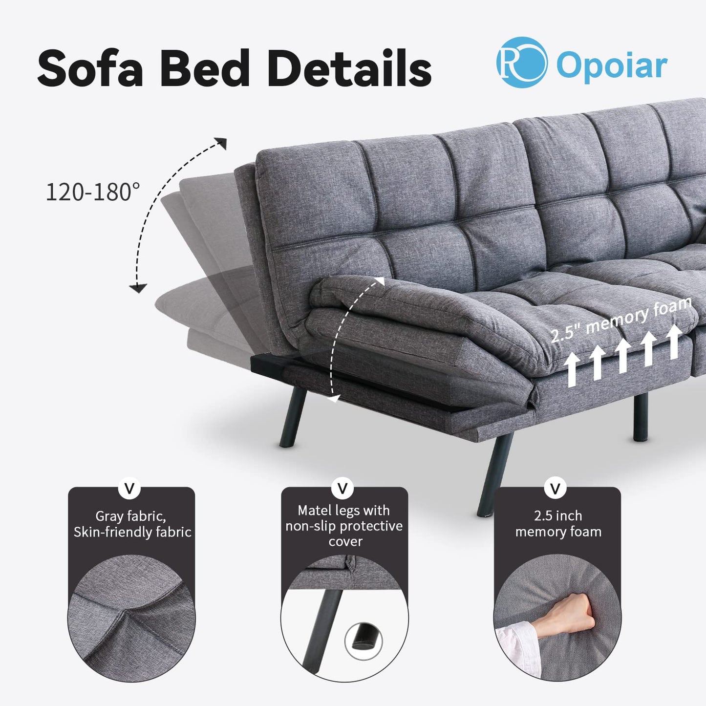 Opoiar Futon Sofa Bed Twin, Memory Foam Couch Bed with Mattress and Frame Included,Comfortable Grey Fabric Loveseat Sleeper Sofa for Dorm Apartment Office College Small Space Bedroom