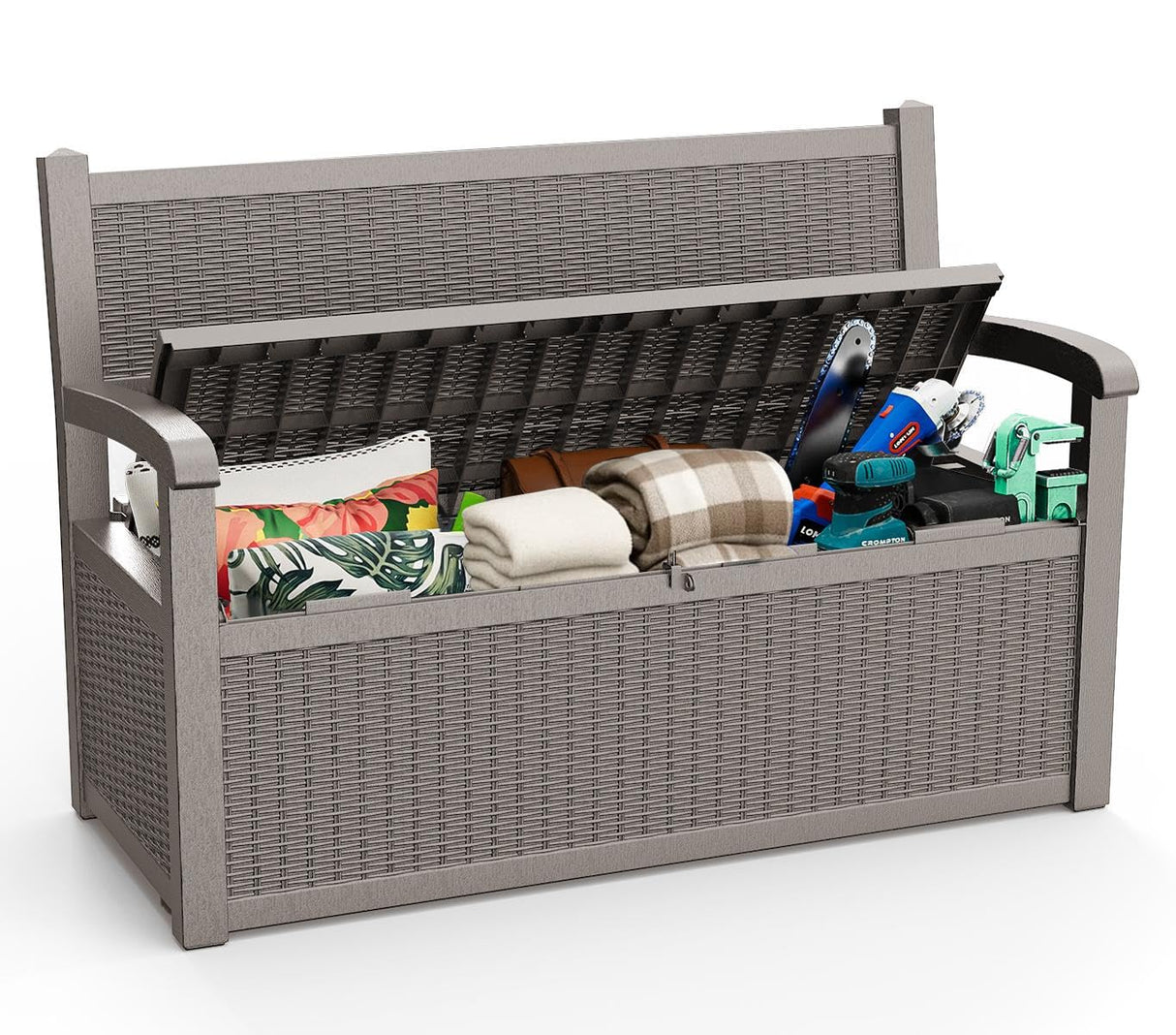 ROJIK 80 Gallon Storage Bench Deck Box Outdoor with Armrests,Storage Furniture Waterproof Lockable for Porch Patio and Garden (Grey) ROJIK