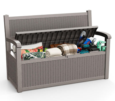 ROJIK 80 Gallon Storage Bench Deck Box Outdoor with Armrests,Storage Furniture Waterproof Lockable for Porch Patio and Garden (Grey)