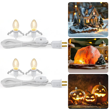 Brightown Accessory Cord with 2 LED Light Bulbs - UL Listed 5 Feet Christmas Village Cords, Rotary Switch, Fused Plug for Crafts, Halloween Pumpkin, Holiday Ornaments, White Cord, Warm White, 2 Pack Brightown