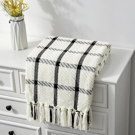 CREVENT 50"X60" Farmhouse Breathable Soft and Warm Chenille Plaid Throw Blanket for Sofa Couch Bed, Home Decoration Throw with Tassles (Black & White) CREVENT