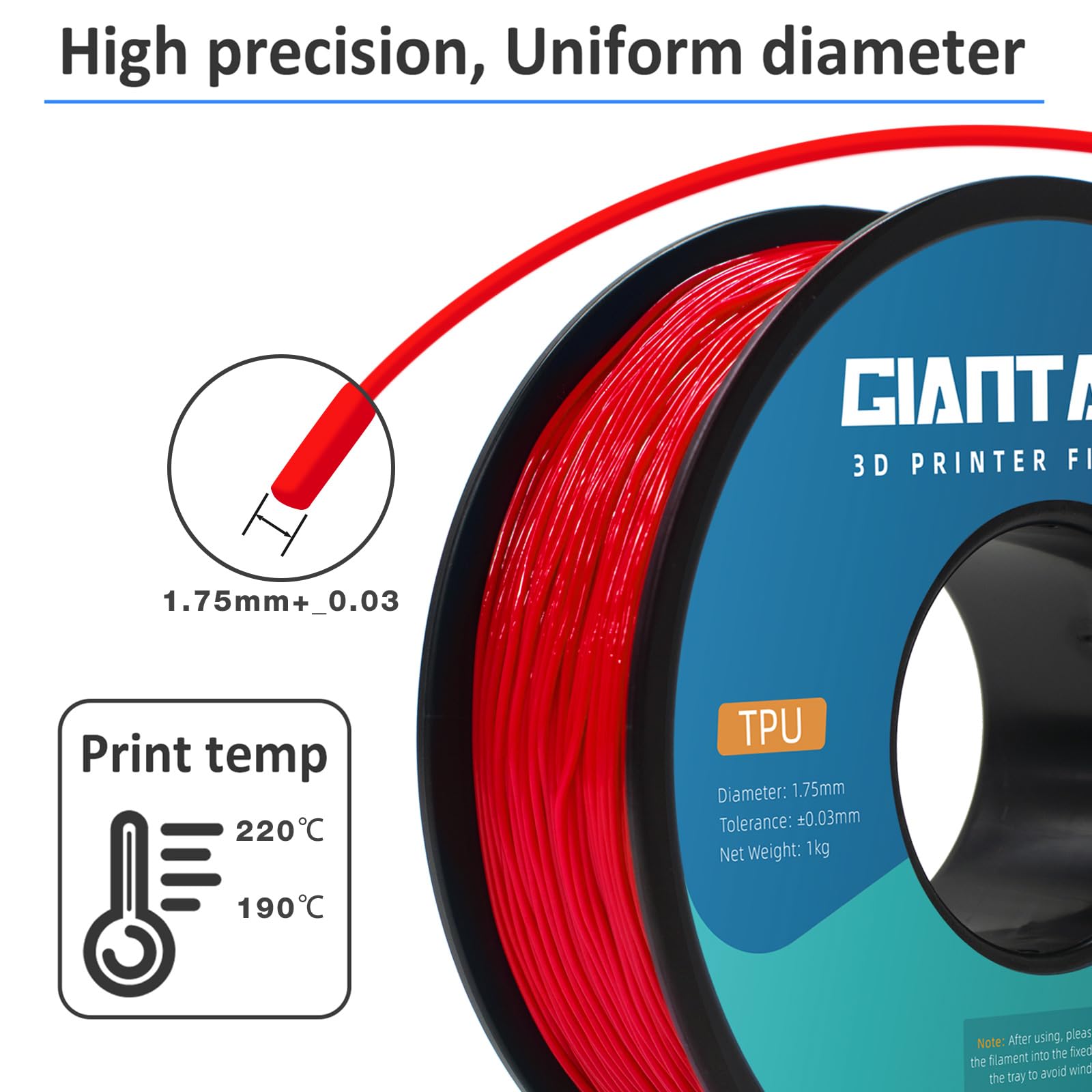 GIANTARM Red TPU Filament, 95A TPU Filament 1.75mm, Dimensional Accuracy +/- 0.03, Flexible Soft 3D Printer Filament 1kg Spool(2.2 lbs), Vacuum Packaging - WoodArtSupply