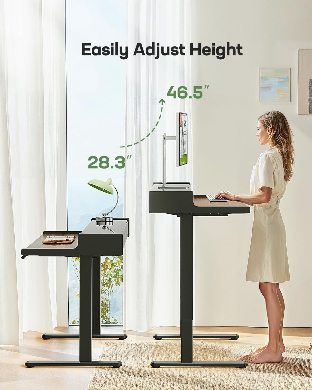 Marsail Electric Standing Desk with Drawers, 48 x 24 Inch Stand Up Desk with Glass Monitor Stand, Height Adjustable Desk with Drawers for Home & Office, 4 Preset Heights, Black Walnut Marsail