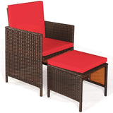 COSTWAY 9PCS Patio Rattan Dining Set Cushioned Chairs Ottoman Wood Table Top Red COSTWAY