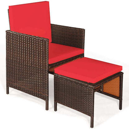 COSTWAY 9PCS Patio Rattan Dining Set Cushioned Chairs Ottoman Wood Table Top Red