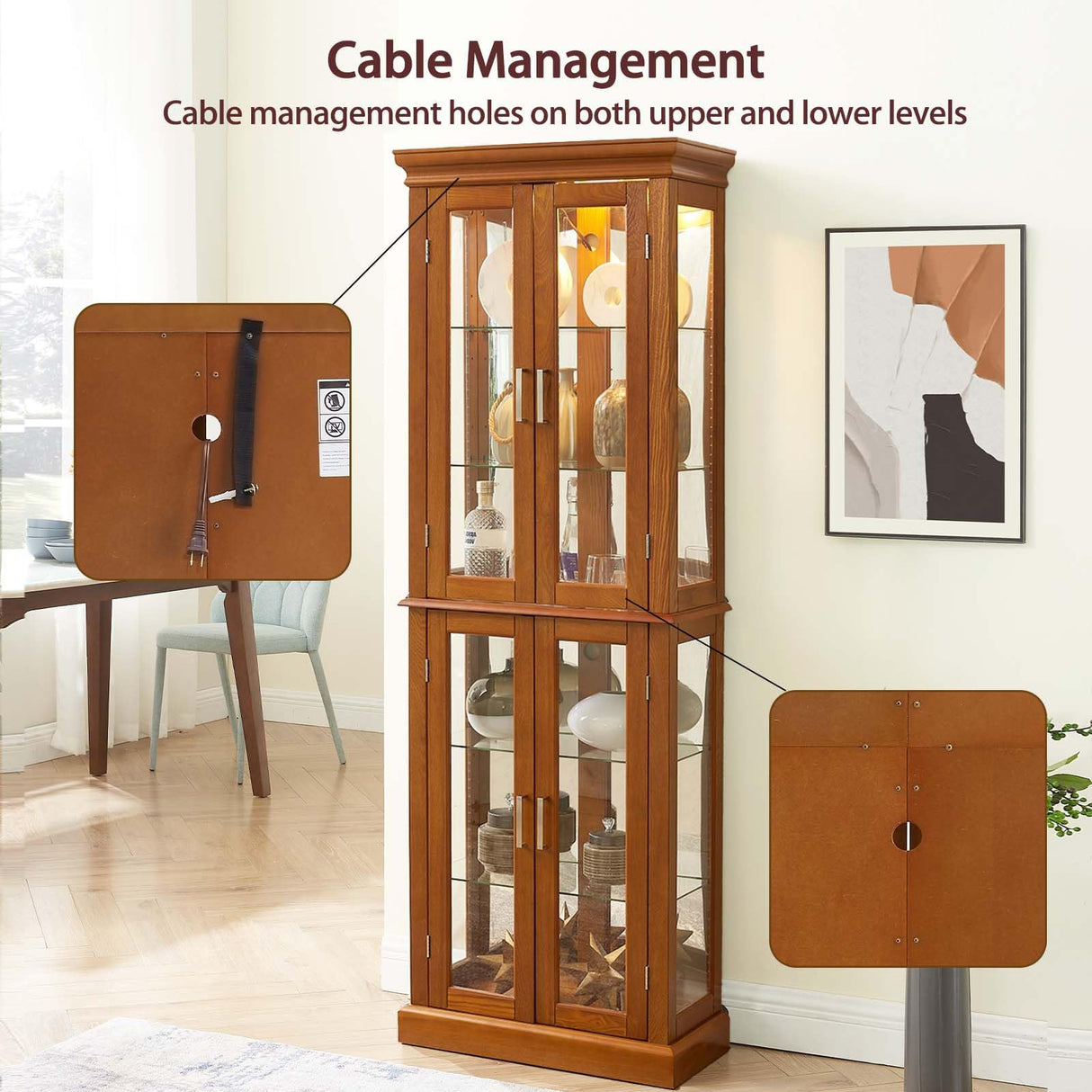 Firscook Curio Cabinet Wooden Display Cabinet,Curio Cabinet with Adjustable Glass Shelves Vintage, Lighted Curio Diapaly Cabinet,Vintage Accent Storage Cabinet with 6 Shelves,70" Curio Cabinet(Oak) Firscook