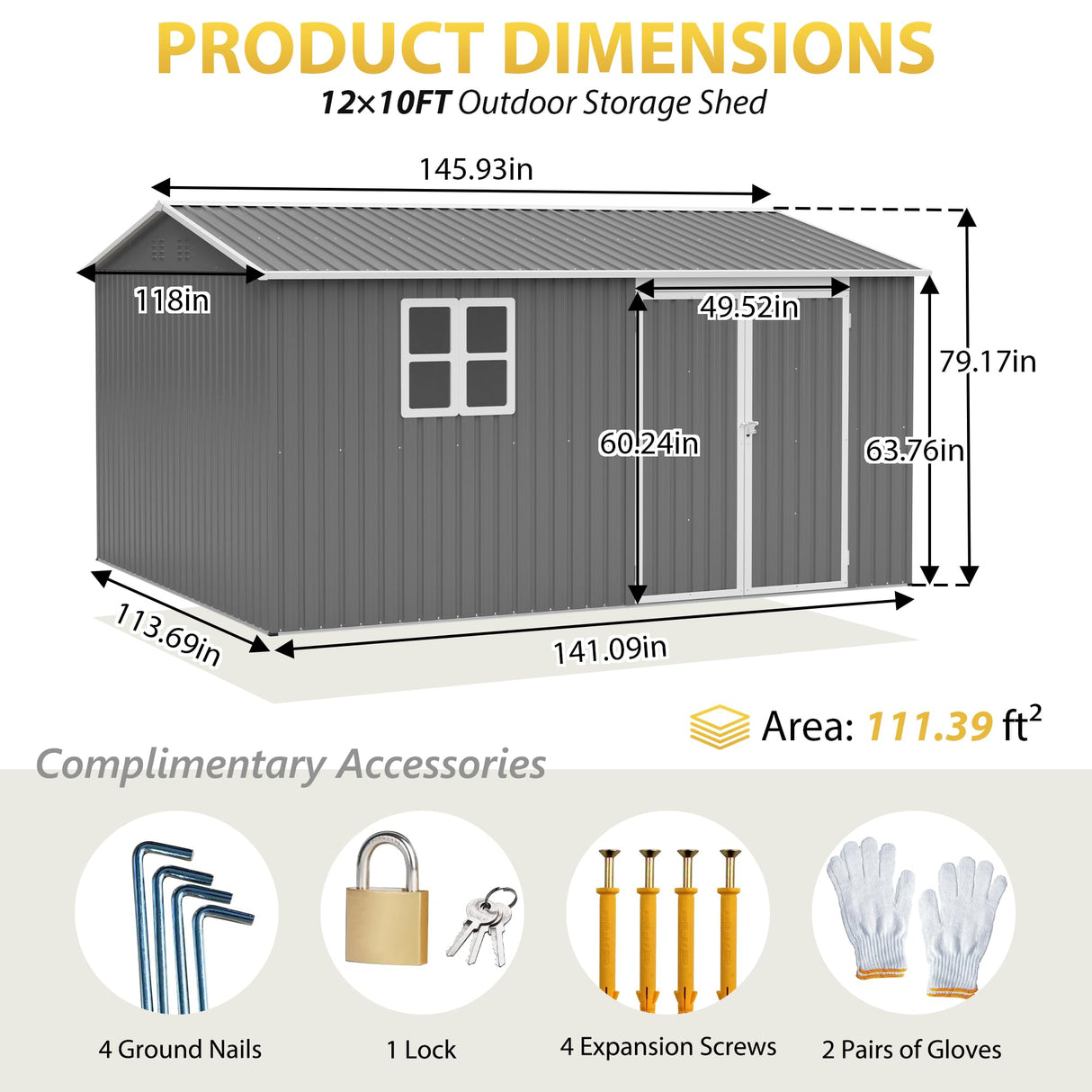12x10 FT Outdoor Storage Shed with Floor Frame & Window, Heavy Duty Metal Garden Tool Shed with Double Lockable Doors, Waterproof Backyard Utility Shed for Bikes, Lawn Mowers, Tools, Equipment Mulinsonfly