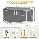 KMBOHE 12x10 FT Outdoor Metal Storage Shed, Large Garden Tool Sheds with Lockable Doors, Waterproof Steel Utility Storage Building, Heavy Duty Equipment Shed for Backyard Patio Lawn Garden, Grey KMBOHE