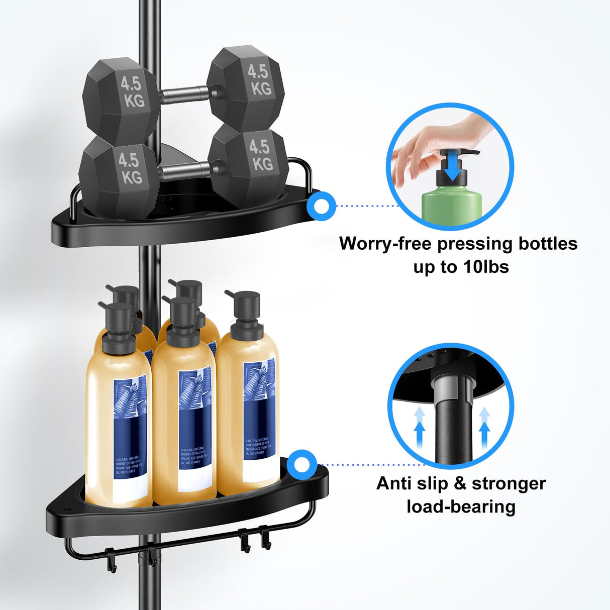 HAMITOR Corner Shower Caddy Tension Pole: Adjustable Stainless Steel Shower Organizer 4 Tier Shelf for Bathroom Bathtub Shampoo - Floor Standing Rack Bath Storage Holder with Rust Proof Rods - Black HAMITOR