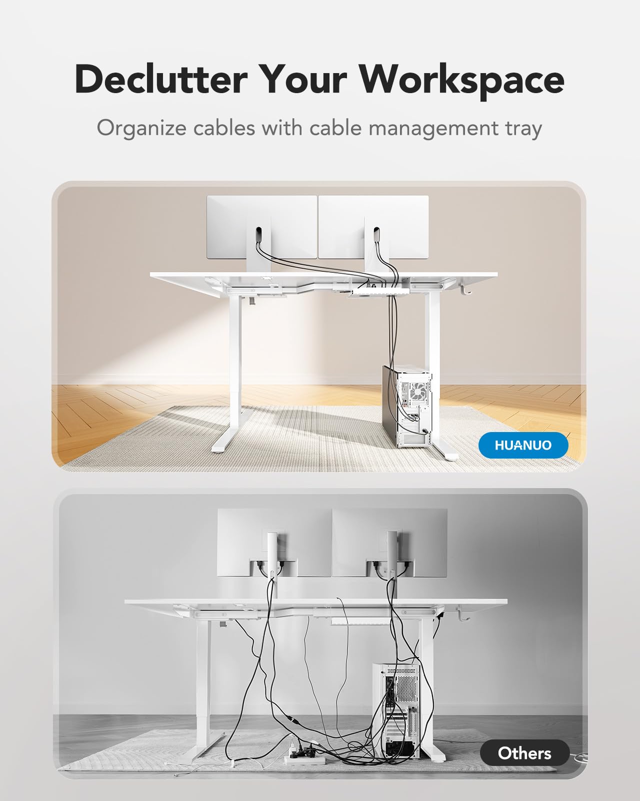 HUANUO L-Shaped Standing Desk, 71 x 48 inch Dual Motor Corner Standing Desk, Electric Height Adjustable Computer Desk with Cable Tray & 3 Preset Heights, Raising Desk for Home Office, White,  - WoodArtSupply