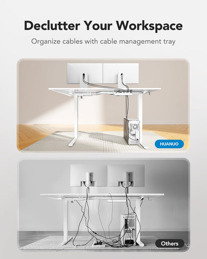 HUANUO L-Shaped Standing Desk, 71 x 48 inch Dual Motor Corner Standing Desk, Electric Height Adjustable Computer Desk with Cable Tray & 3 Preset Heights, Raising Desk for Home Office, White,  - WoodArtSupply