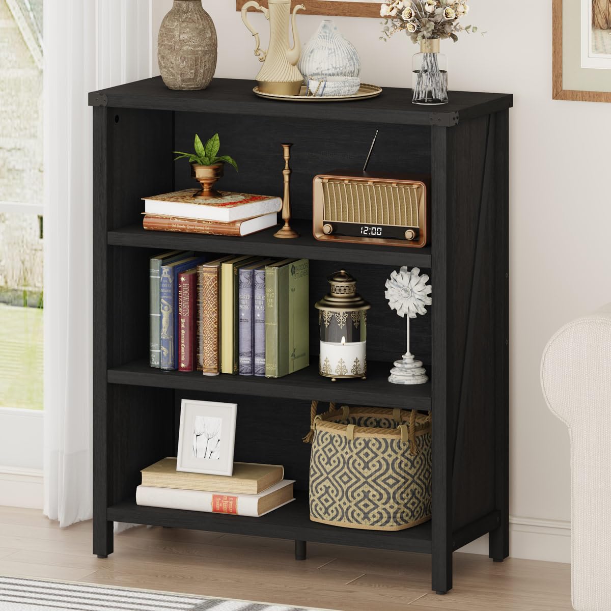 BON AUGURE Small Bookcase, 3 Tier Black Book Shelf, Farmhouse Wooden Bookshelf, Short Storage Book Cases for Small Space, Bedroom, Office, Living Room (Black Oak) BON AUGURE