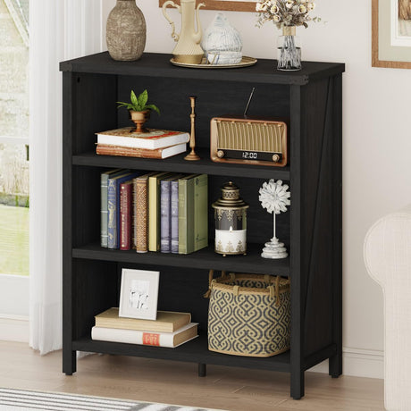 BON AUGURE Small Bookcase, 3 Tier Black Book Shelf, Farmhouse Wooden Bookshelf, Short Storage Book Cases for Small Space, Bedroom, Office, Living Room (Black Oak) BON AUGURE